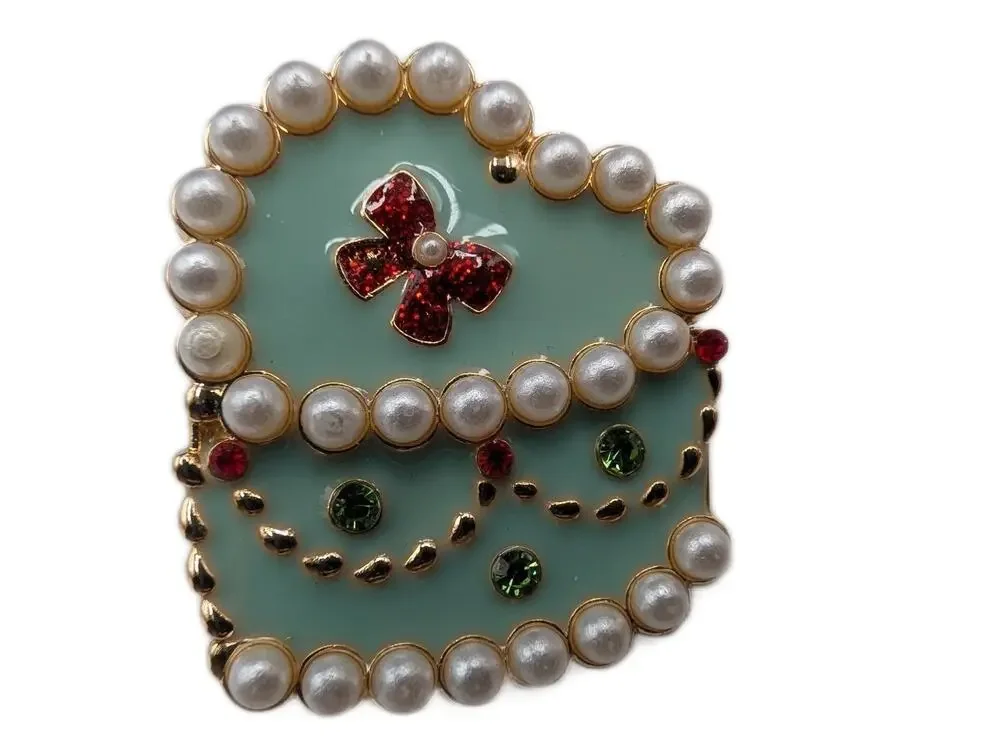 Elegant Mint Green Heart Cake Shaped Pin Brooch Faux Pearl Rhinestone Gold Tone